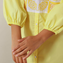 Sunshine Yellow Cotton Embroidered Shirt Dress