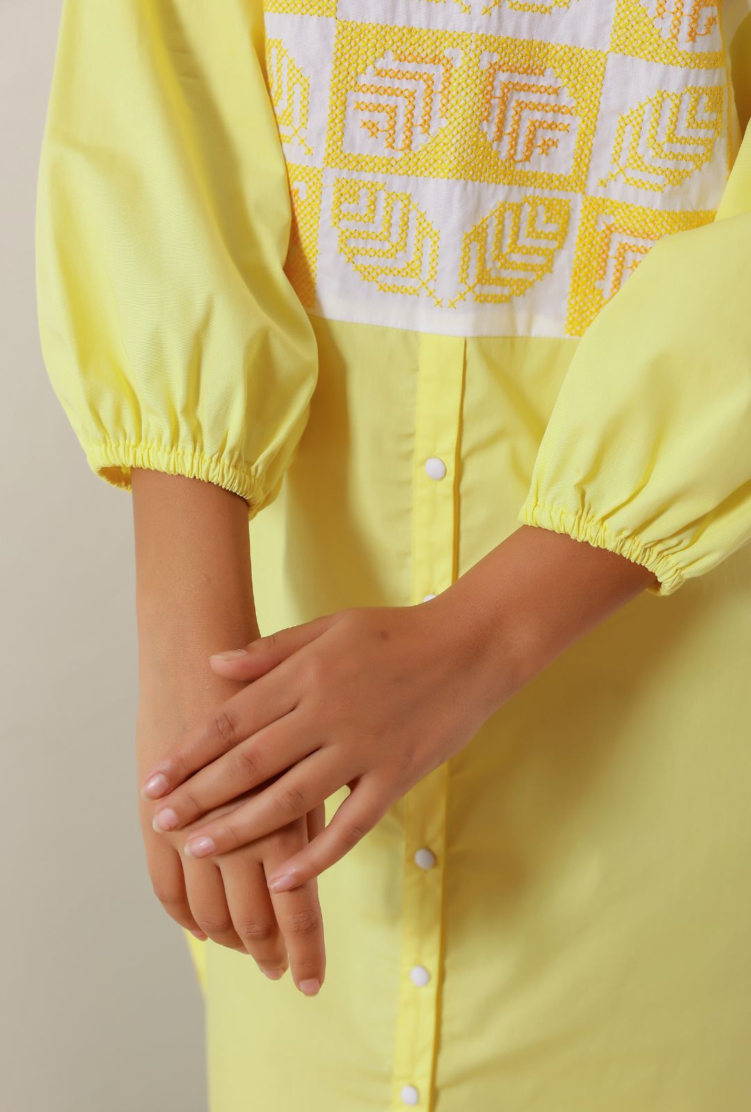 Sunshine Yellow Cotton Embroidered Shirt Dress