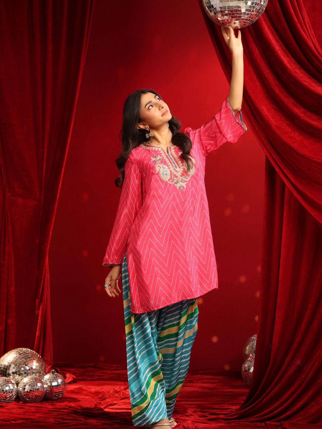 Fuchsia Teal Crepe Embroidered Kurta with Farshi Salwar Set