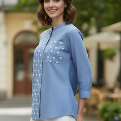 Blue Half-Embroidered Casual Cotton Shirt