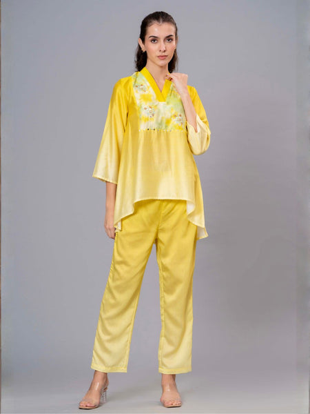 Yellow Satin Embroidered Top & Pant Co-ord Set