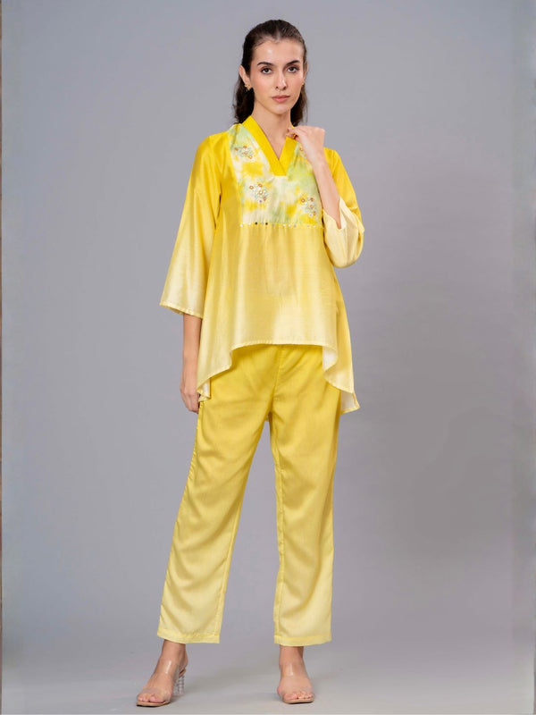 Yellow Satin Embroidered Top & Pant Co-ord Set