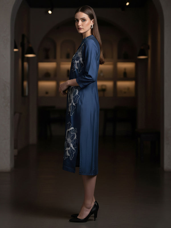 Navy Blue Embroidered Viscose Midi Dress