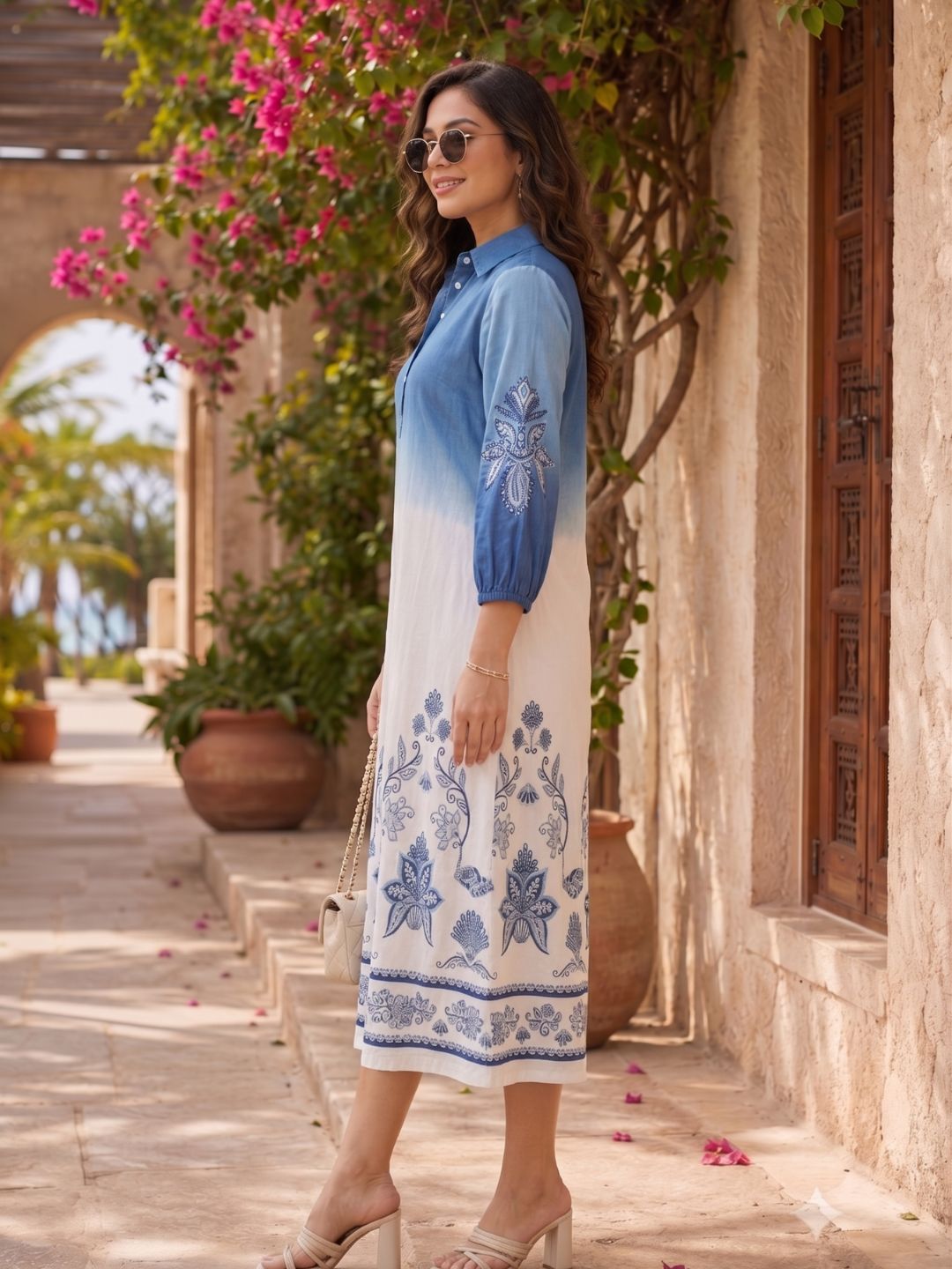 Elegant Indigo Ombre Printed A-Line Midi Dress