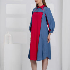 Women Color block Embroidered Midi Dress with Puff Sleeves & Zip Collar