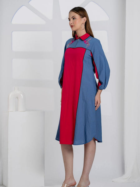 Women Color block Embroidered Midi Dress with Puff Sleeves & Zip Collar