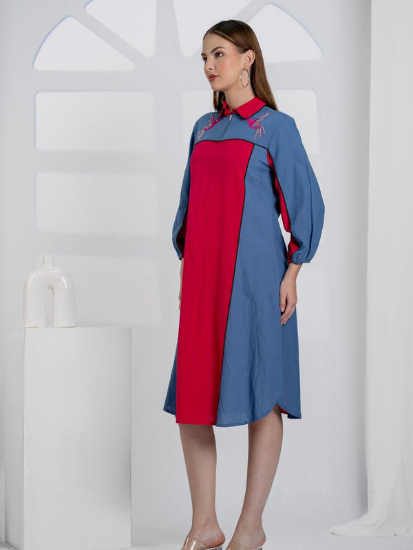 Women Color block Embroidered Midi Dress with Puff Sleeves & Zip Collar