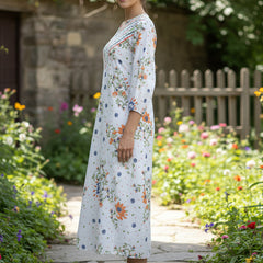 Elegant Floral Cotton Midi Dress with Embroidered V-Neck