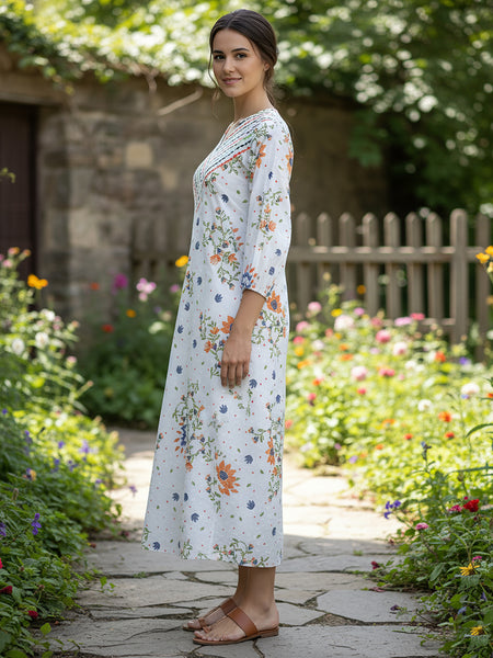 Elegant Floral Cotton Midi Dress with Embroidered V-Neck