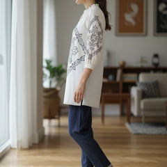 Chic Off-White & Blue Embroidered Rayon Co-ord Set