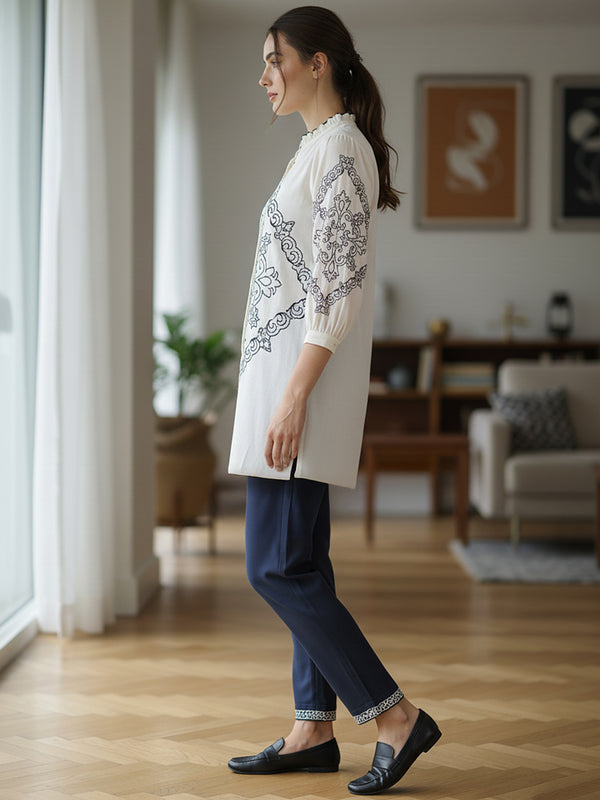 Chic Off-White & Blue Embroidered Rayon Co-ord Set