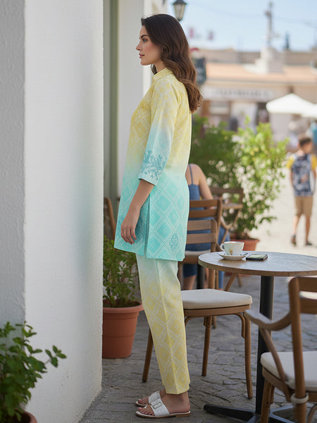 Summer Yellow Blue Cotton Embroidered Co-ord Set