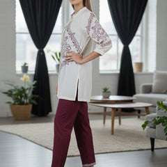 Elegant Off-White & Maroon Embroidered Rayon Co-ord Set