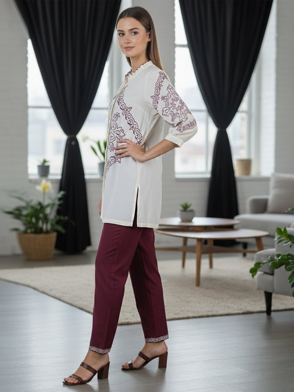 Elegant Off-White & Maroon Embroidered Rayon Co-ord Set