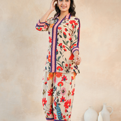 Elegant Beige Floral Shirt Style Top and Bottom Set
