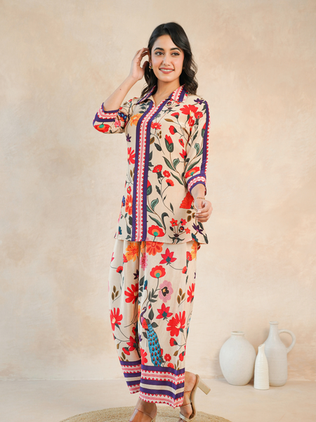 Elegant Beige Floral Shirt Style Top and Bottom Set