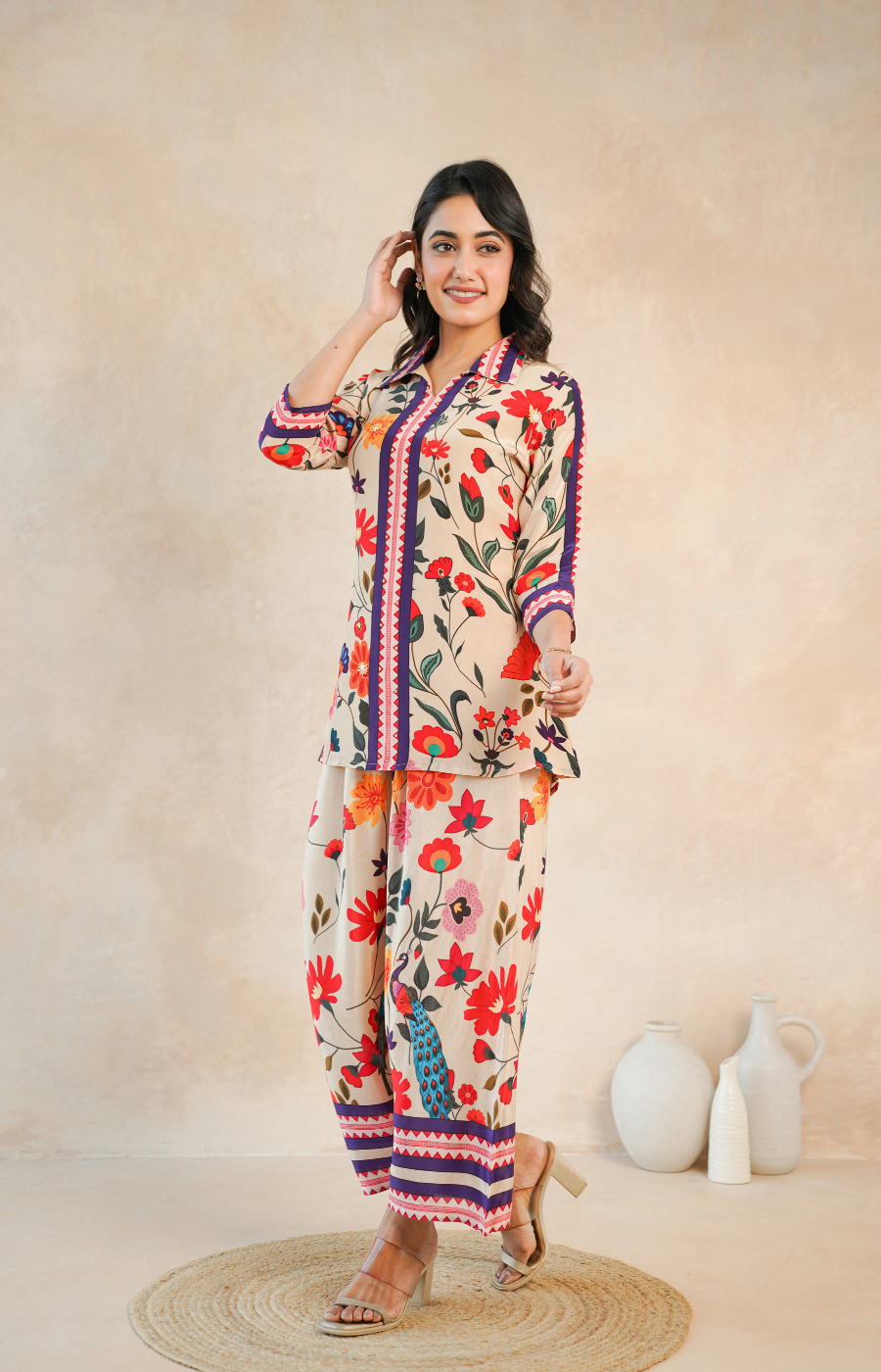 Elegant Beige Floral Shirt Style Top and Bottom Set
