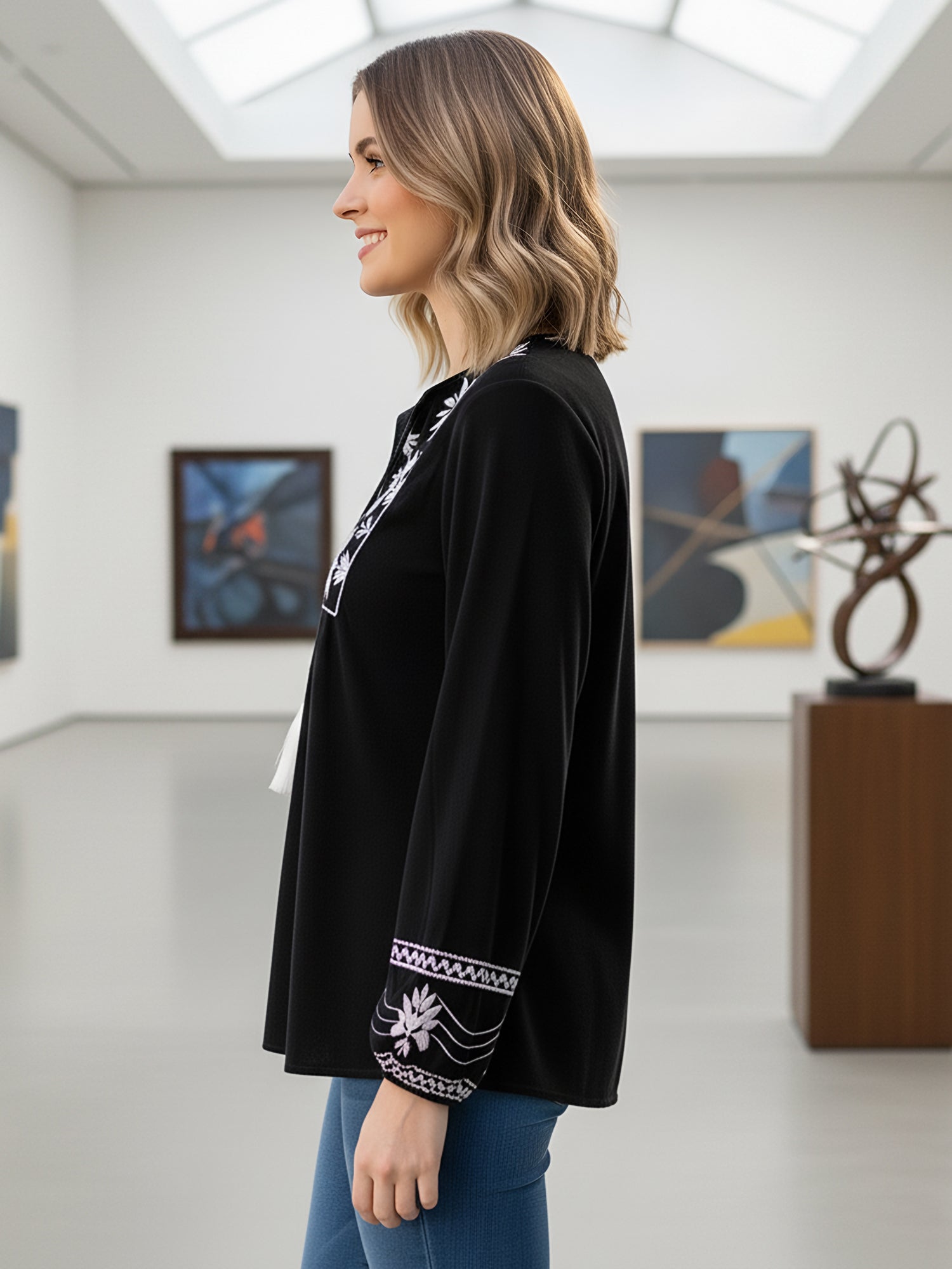 Designer Black Top with White Embroidery