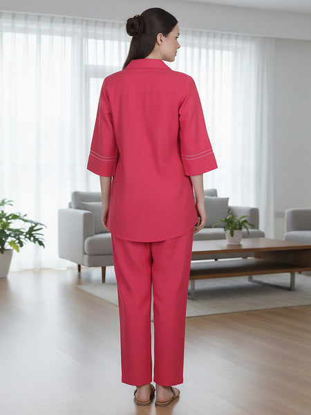 Pink Embroidered Cotton Co-Ord Set with Collar Neck Shirt & Straight Pants