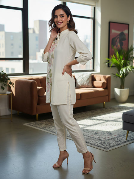 Women Cream Floral Embroidered Kurta Pant Co-Ord Set