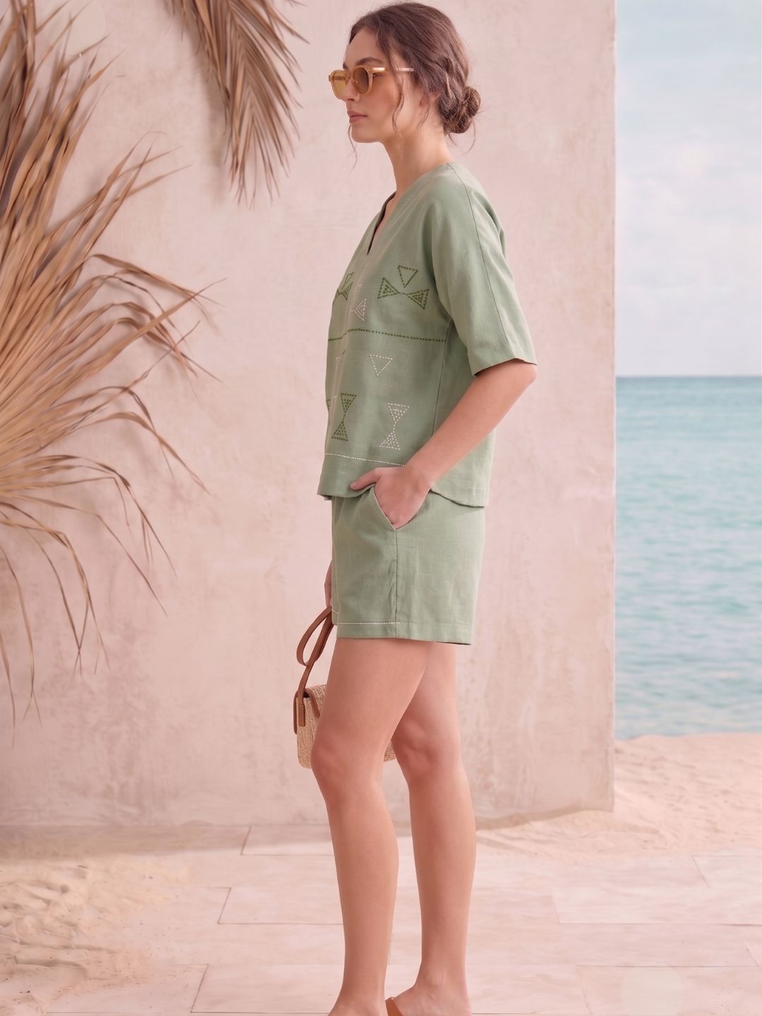 Women Green Embroidered Regular Fit V-Neck Top and Shorts Co-Ord Set