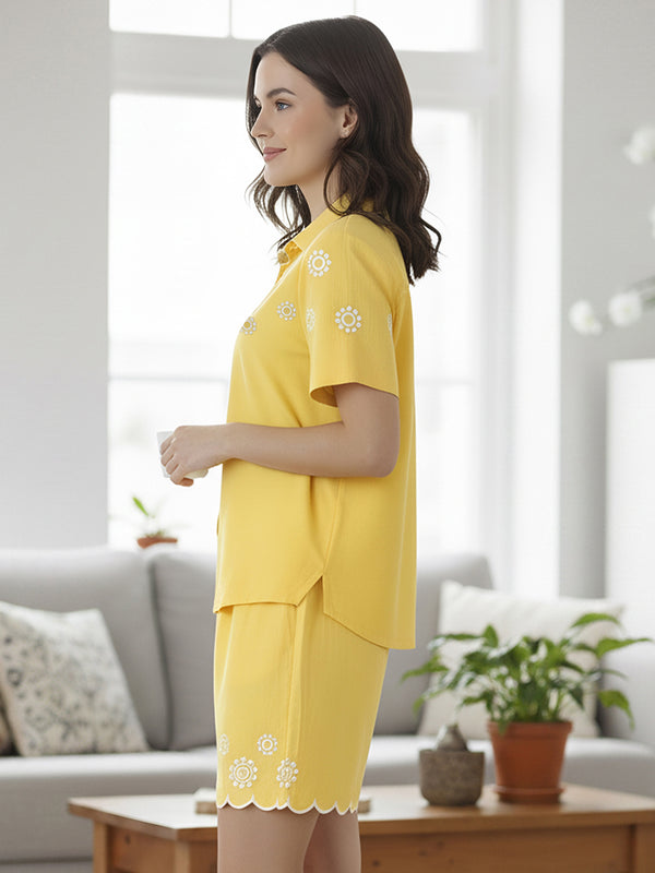 Yellow Button-Down Eyelet Embroidery Chic Co-Ord Set