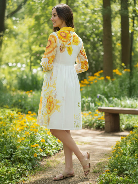White & Yellow Floral Midi Dress