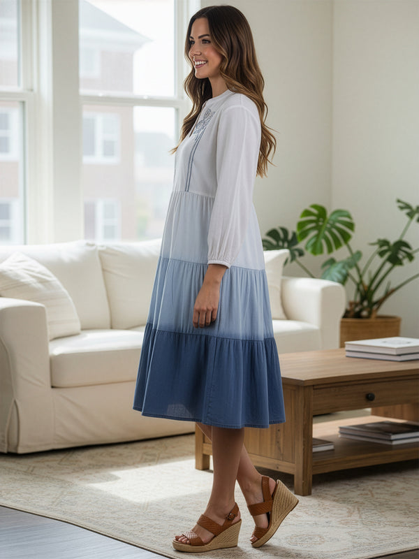 Ocean Haze Ombre Blue Embroidered Fit & Flare Dress