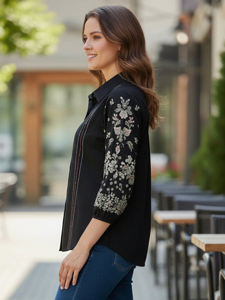 Black Handcrafted Embroidered Cotton Shirt