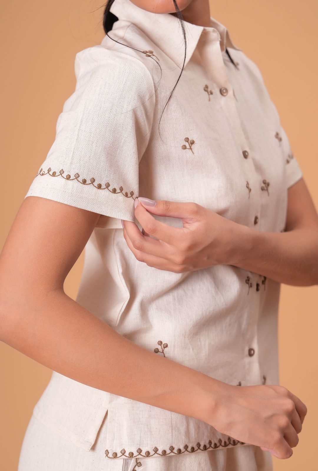 Beige Brown Embroidered  Co-ord Set