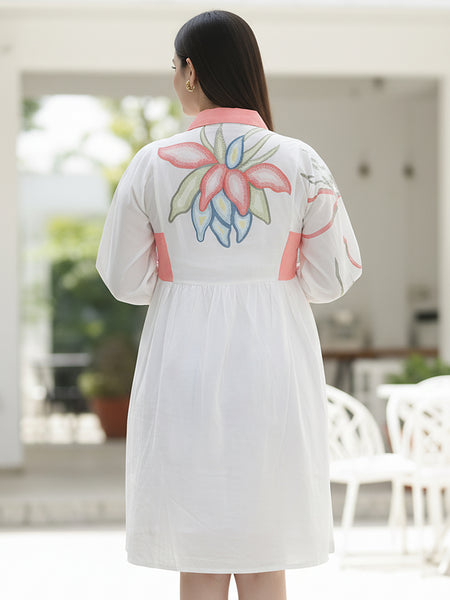 Printed Cotton Cambric Mini Dress with Soft Pink Detailing