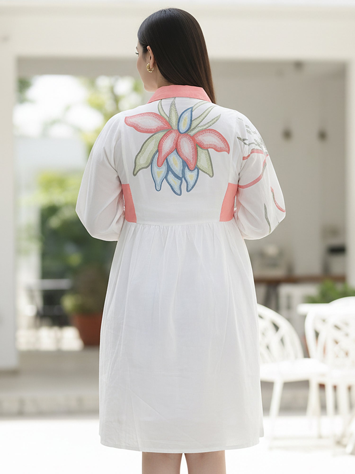 Printed Cotton Cambric Mini Dress with Soft Pink Detailing