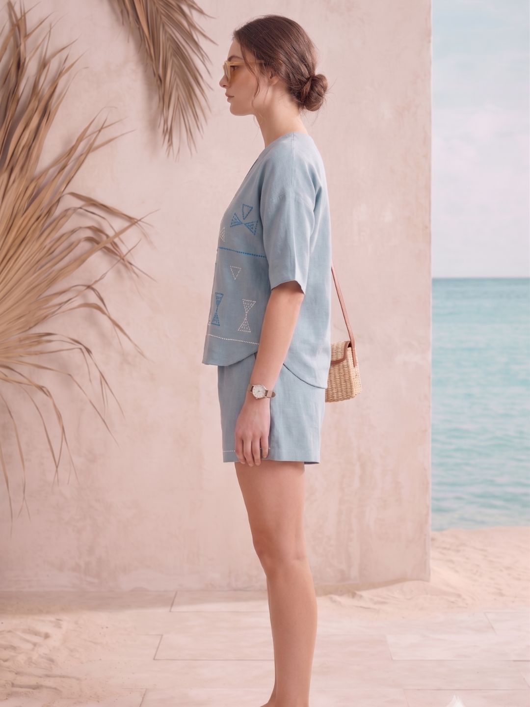 Blue Geometric Embroidered V-Neck Half Sleeve Top with Mid-Rise Shorts Co-Ord Set