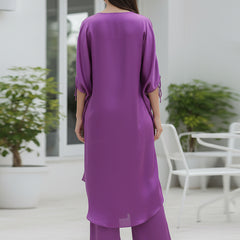 Stylish Satin V-neck Purple Co-ord Set