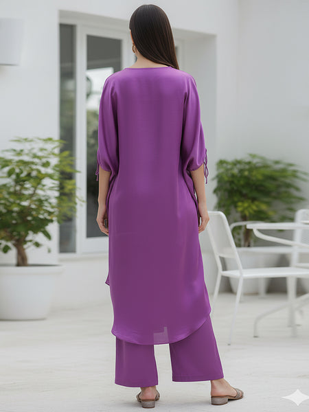 Stylish Satin V-neck Purple Co-ord Set