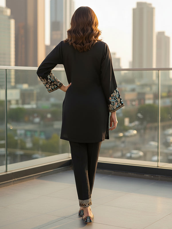 Designer Black Co-ord with Floral & Geometric Embroidery