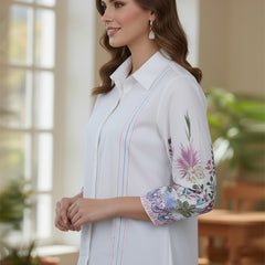 Women’s Casual White Shirt Top with Multicolor Embroidery