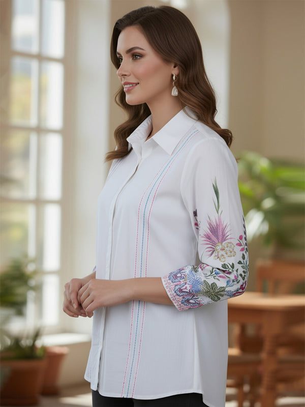 Women’s Casual White Shirt Top with Multicolor Embroidery