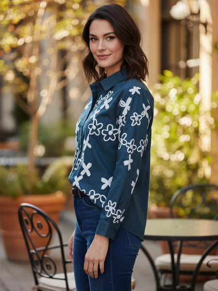 Blue Cotton Embroidered Waist-Length Shirt with Collar Neck