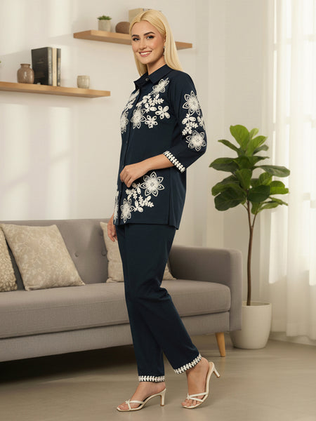 Navy Blue Cotton Embroidered Floral Co-Ord Set
