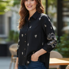 Elegant Black Button-Down Shirt with Floral Embroidered Sleeves