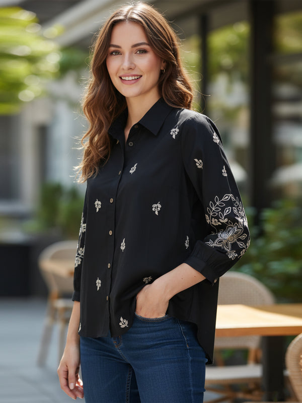 Elegant Black Button-Down Shirt with Floral Embroidered Sleeves