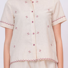 Blush Pink Embroidery Beige Cotton Co-ord Set