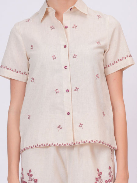 Blush Pink Embroidery Beige Cotton Co-ord Set