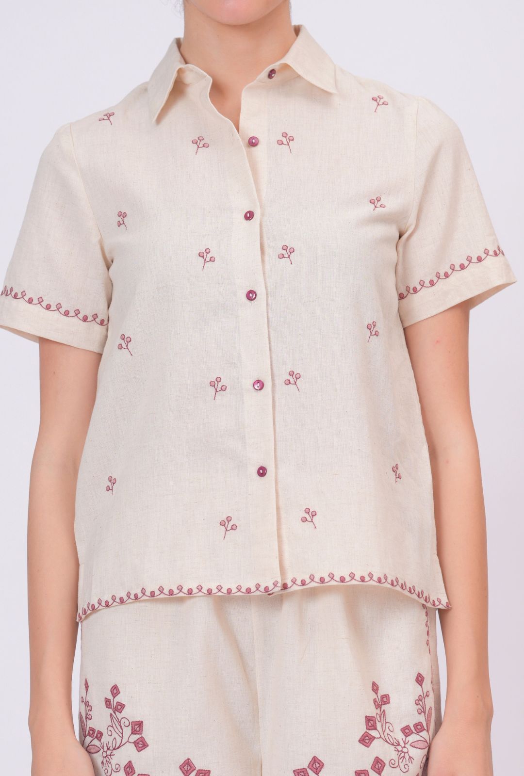 Blush Pink Embroidery Beige Cotton Co-ord Set
