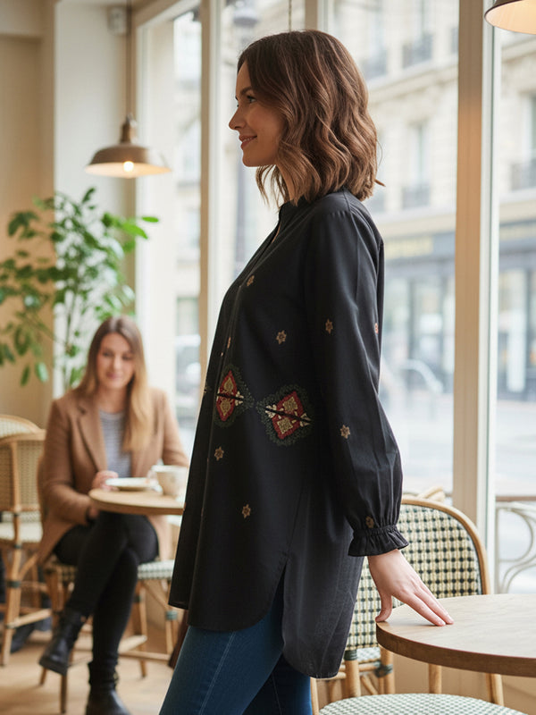 Black Embroidered Mandarin-Collar Shirt with Geometric Pattern