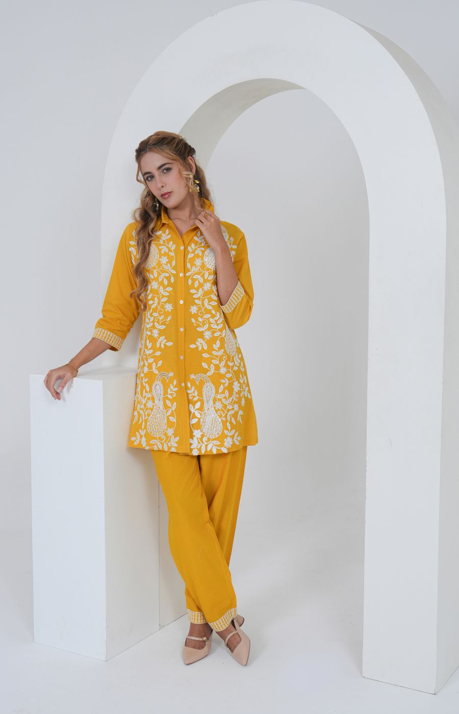 Mustard Yellow Embroidered Cotton Co-ord Set
