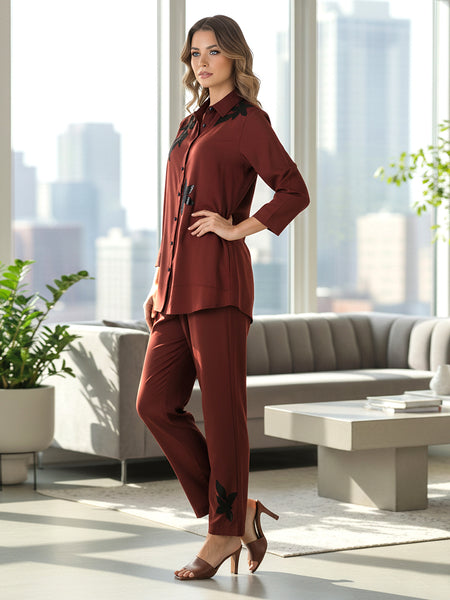 Elegant Brown Co-ord with Black Leaf Artwork