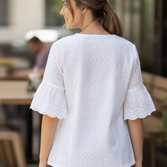 Women’s White Cotton Embroidered Shirt with Round Neck