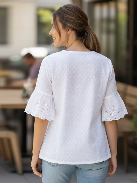 Women’s White Cotton Embroidered Shirt with Round Neck